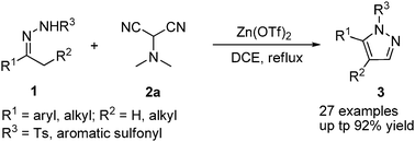 Graphical abstract: Zinc-promoted cyclization of tosylhydrazones and 2-(dimethylamino)malononitrile: an efficient strategy for the synthesis of substituted 1-tosyl-1H-pyrazoles
