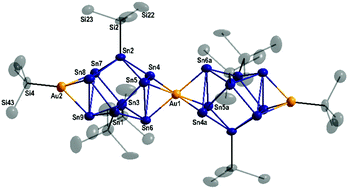 Graphical abstract: [Hyp-Au-Sn9(Hyp)3-Au-Sn9(Hyp)3-Au-Hyp]−: the longest intermetalloid chain compound of tin
