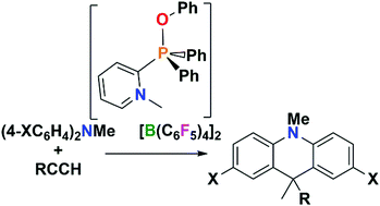 Graphical abstract: Catalytic double hydroarylation of alkynes to 9,9-disubstituted 9,10-dihydroacridine derivatives by an electrophilic phenoxyphosphonium dication