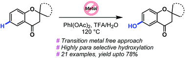 Graphical abstract: Transition metal free regio-selective C–H hydroxylation of chromanones towards the synthesis of hydroxyl-chromanones using PhI(OAc)2 as the oxidant