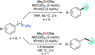 Graphical abstract: Nickel-catalyzed C–O bond reduction of aryl and benzyl 2-pyridyl ethers