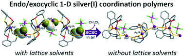 Graphical abstract: Influence of mole-ratio on the coordination behaviour of a ditopic N2O2S2-macrocycle: endo/exocyclic silver(i) coordination polymer exhibiting desolvation-induced SCSC transformation