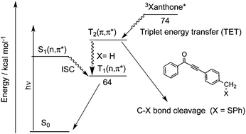 Graphical abstract: Laser photolysis studies of ω-bond dissociation in aromatic carbonyls with a C–C triple bond stimulated by triplet sensitization