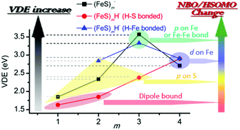Graphical abstract: Photoelectron spectroscopy and density functional theory studies of (FeS)mH− (m = 2–4) cluster anions: effects of the single hydrogen