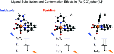 Graphical abstract: Ligand substitution and conformational effects on the ultrafast luminescent decay of [Re(CO)3(phen)(L)]+ (L = imidazole, pyridine): non-adiabatic quantum dynamics