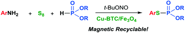 Graphical abstract: Magnetically recyclable Cu-BTC@Fe3O4 composite-catalyzed C(aryl)–S–P bond formation using aniline, P(O)H compounds and sulfur powder