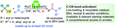 Graphical abstract: Ruthenium-catalyzed oxidative decyanative cross-coupling of acetonitriles with amines in air: a general access to primary to tertiary amides under mild conditions