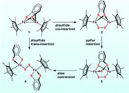 Graphical abstract: Synthesis, structural characterization and conversion of dinuclear iron–sulfur clusters containing the disulfide ligand: [Cp*Fe(μ–η2:η2-bdt)(cis-μ–η1:η1-S2)FeCp*], [Cp*Fe(μ-S(C6H4S2))(cis-μ–η1:η1-S2)FeCp*], and [{Cp*Fe(bdt)}2(trans-μ–η1:η1-S2)]