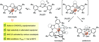 Graphical abstract: Coordination behavior of bis-phenolate saturated and unsaturated N-heterocyclic carbene ligands to zirconium: reactivity and activity in the copolymerization of cyclohexene oxide with CO2