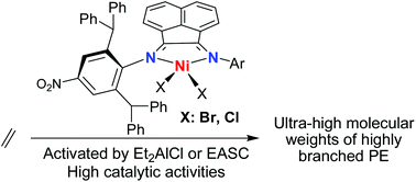 Graphical abstract: Advancing polyethylene properties by incorporating NO2 moiety in 1,2-bis(arylimino)acenaphthylnickel precatalysts: synthesis, characterization and ethylene polymerization