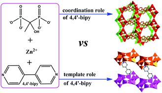 Graphical abstract: Bipyridine-triggered modulation of structure and properties of zinc-diphosphonates: coordination role vs. template rule