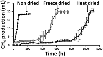 Graphical abstract: Activity of methanogenic biomass after heat and freeze drying in air