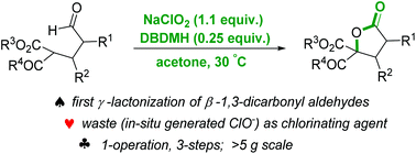 Graphical abstract: Direct conversion of γ,γ-dicarbonyl-substituted aldehydes into γ-lactones with a sodium chlorite/DBDMH combination