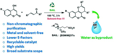 Graphical abstract: Brønsted acidic ionic liquid-catalyzed tandem reaction: an efficient approach towards regioselective synthesis of pyrano[3,2-c]coumarins under solvent-free conditions bearing lower E-factors