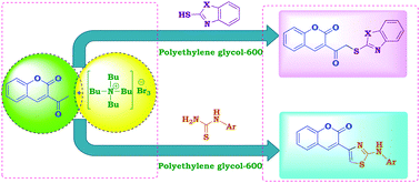 Graphical abstract: PEG-600 mediated one-pot reaction of 3-acetyl-2H-chromen-2-one with heterylthiols and phenylthioureas using tetrabutylammonium tribromide as an efficient green reagent