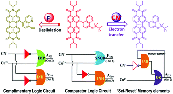 Graphical abstract: Perylene diimide-based organic π-motif for differentiating CN− and F− ions by electron-transfer and desilylation mechanisms: applications to complex logic circuits