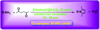 Graphical abstract: A green and efficient method for the synthesis of pyrroles using a deep eutectic solvent ([CholineCl][ZnCl2]3) under solvent-free sonication