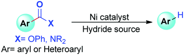 Graphical abstract: Nickel-catalyzed reductive defunctionalization of esters and amides to aromatic hydrocarbons