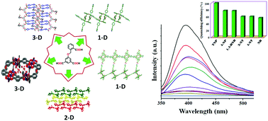 Graphical abstract: Structural diversity of Zn(ii) based coordination polymers constructed from a flexible carboxylate linker and pyridyl co-linkers: fluorescence sensing of nitroaromatics