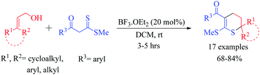 Graphical abstract: Synthesis of polysubstituted 3,4-dihydro-2H-thiopyrans by regioselective annulation of 3,3-disubstituted allylic alcohols with a β-oxodithioester