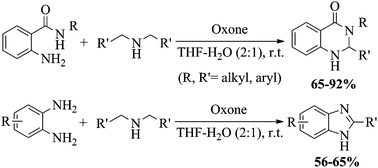 Graphical abstract: Oxone-mediated annulation of 2-aminobenzamides and 1,2-diaminobenzenes with sec-amines via imine-N-oxides: new syntheses of 2,3-dihydroquinazolin-4(1H)-ones and 1H-benzimidazoles