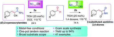 Graphical abstract: Triflic acid-catalyzed metal-free synthesis of (E)-2-cyanoacrylamides and 3-substituted azetidine-2,4-diones