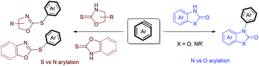 Graphical abstract: Selective S-arylation of 2-oxazolidinethiones and selective N-arylation of 2-benzoxazolinones/2-benzimidazolinones