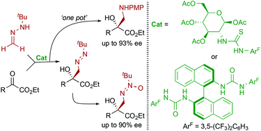 Graphical abstract: Asymmetric organocatalytic synthesis of tertiary azomethyl alcohols: key intermediates towards azoxy compounds and α-hydroxy-β-amino esters