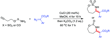 Graphical abstract: Synthesis of seven-membered heterocycles via copper-catalyzed cross-coupling of terminal alkynes with diazo compounds and sequential Michael addition