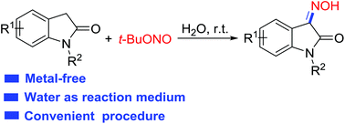 Graphical abstract: Metal-free synthesis of isatin oximes via radical coupling reactions of oxindoles with t-BuONO in water