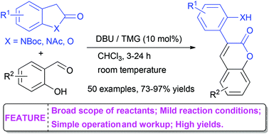 Graphical abstract: Organocatalytic condensation–ring opening–annulation cascade reactions between N-Bocindolin-2-ones/benzofuran-2(3H)-ones and salicylaldehydes for synthesis of 3-arylcoumarins
