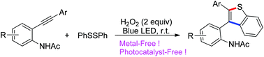 Graphical abstract: Visible-light-induced tandem cyclization of 2-alkynylanilines with disulfides: a convenient method for accessing benzothiophenes under transition-metal-free and photocatalyst-free conditions