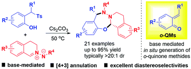 Graphical abstract: Base-mediated diastereoselective [4 + 3] annulation of in situ generated ortho-quinone methides with C,N-cyclic azomethine imines