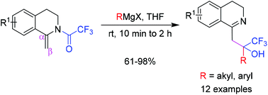 Graphical abstract: Grignard-mediated rearrangement of trifluoroacetyl from dihydroisoquinoline enamides to afford tertiary trifluoromethylcarbinols