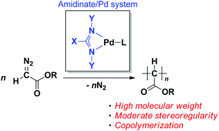 Graphical abstract: Polymerization of alkyl diazoacetates initiated by the amidinate/Pd system: efficient synthesis of high molecular weight poly(alkoxycarbonylmethylene)s with moderate stereoregularity
