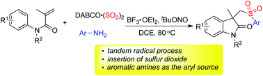 Graphical abstract: Synthesis of 3-((arylsulfonyl)methyl)indolin-2-ones via insertion of sulfur dioxide using anilines as the aryl source