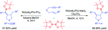 Graphical abstract: Nickel-catalyzed highly chemo- and stereoselective borylative cyclization of 1,6-enynes with bis(pinacolato)diboron