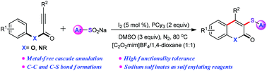 Graphical abstract: Iodine-catalyzed cascade annulation of alkynes with sodium arylsulfinates: assembly of 3-sulfenylcoumarin and 3-sulfenylquinolinone derivatives