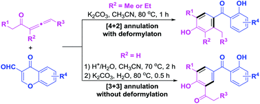 Graphical abstract: Selective syntheses of diversely substituted 2-hydroxy-4′-hydroxybenzophenones through [4 + 2] or [3 + 3] annulation of penta-3,4-dien-2-ones with 3-formylchromones