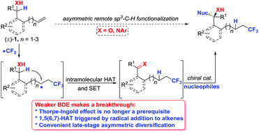 Graphical abstract: Phosphine-catalyzed remote α-C–H bond activation of alcohols or amines triggered by the radical trifluoromethylation of alkenes: reaction development and mechanistic insights
