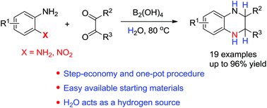 Graphical abstract: B2(OH)4-mediated one-pot synthesis of tetrahydroquinoxalines from 2-amino(nitro)anilines and 1,2-dicarbonyl compounds in water