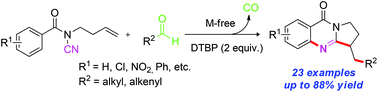 Graphical abstract: Metal-free sequential decarbonylative annulation of N-cyanamides for the construction of 2,3-dihydropyrrolo[2,1-b]quinazolin-9(1H)-ones