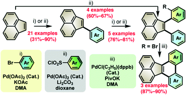 Graphical abstract: Synthesis of mono- and di-arylated acenaphthylenes and programmed access to dibenzo[j,l]fluoranthenes via palladium-catalysed C–H bond functionalisation