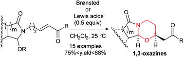 Graphical abstract: Highly diastereoselective access to polyfunctionalized 1,3-oxazines promoted by Brønsted/Lewis acids