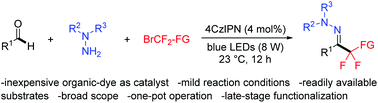 Graphical abstract: Visible-light-promoted organic-dye-catalyzed three-component coupling of aldehydes, hydrazines and bromodifluorinated reagents