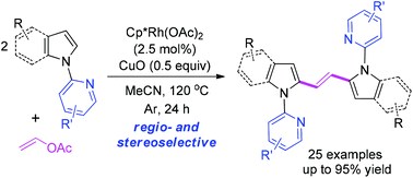 Graphical abstract: Rh(iii)-Catalyzed regio- and stereoselective bisindolylation of vinyl acetate: an efficient approach toward (E)-1,2-bis(2-indolyl)ethenes