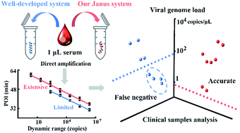 Graphical abstract: Engineered Janus probes modulate nucleic acid amplification to expand the dynamic range for direct detection of viral genomes in one microliter crude serum samples