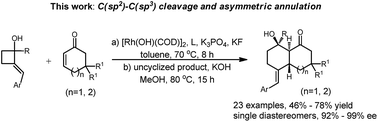 Graphical abstract: Rhodium(i)-catalyzed asymmetric [4 + 2] cycloaddition reactions of 2-alkylenecyclobutanols with cyclic enones through C–C bond cleavage: efficient access to trans-bicyclic compounds