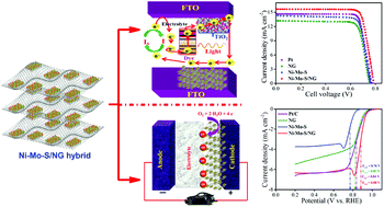 Graphical abstract: A hierarchical 2D Ni–Mo–S nanosheet@nitrogen doped graphene hybrid as a Pt-free cathode for high-performance dye sensitized solar cells and fuel cells