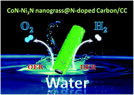 Graphical abstract: Conceptual design of three-dimensional CoN/Ni3N-coupled nanograsses integrated on N-doped carbon to serve as efficient and robust water splitting electrocatalysts